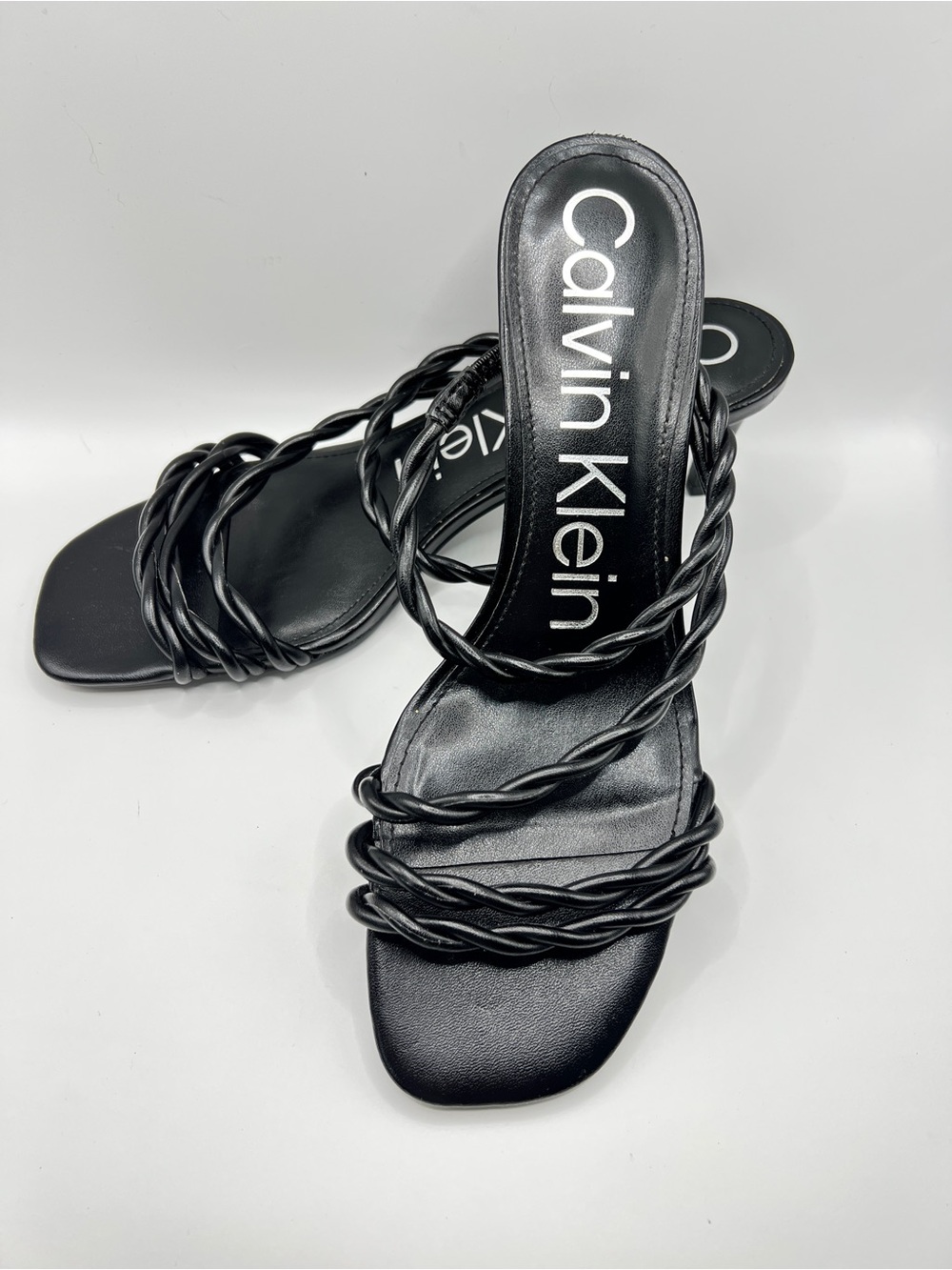 Calvin Klein Strappy Stiletto Heel Black Synthetic Upper Square Toe Women's 9.5M